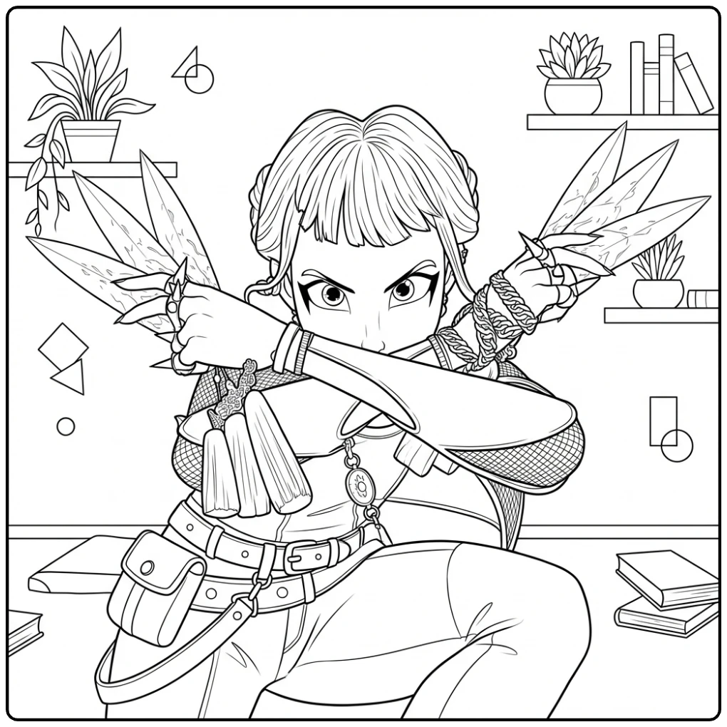 Kpop demon hunters kleurplaat zoey in actiehouding met dolken.