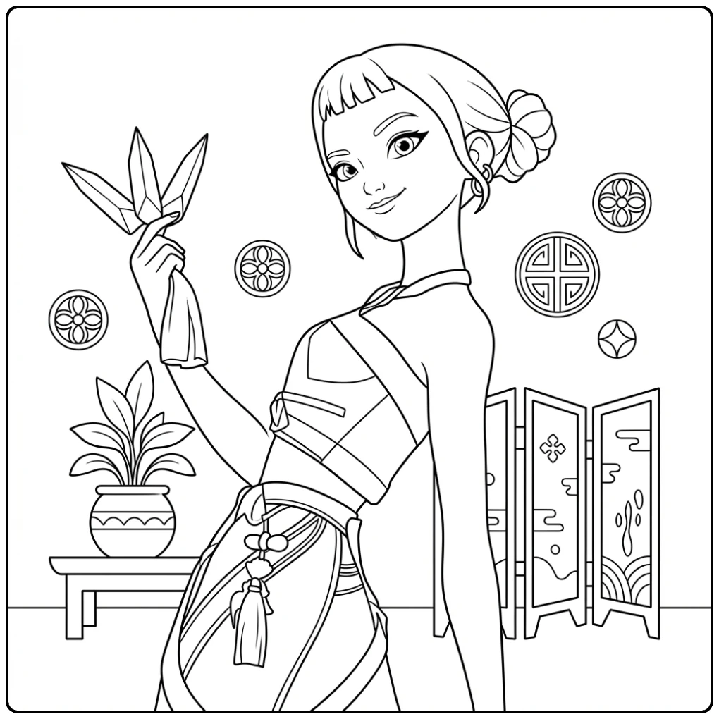 Kpop demon hunters kleurplaat zoey met kristallen en scherm.