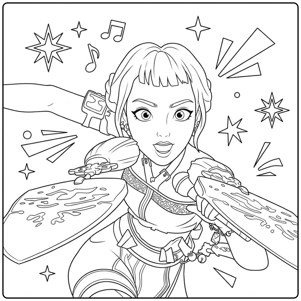 Kpop Demon Hunters kleurplaat Zoey in actiepose met zwaarden.