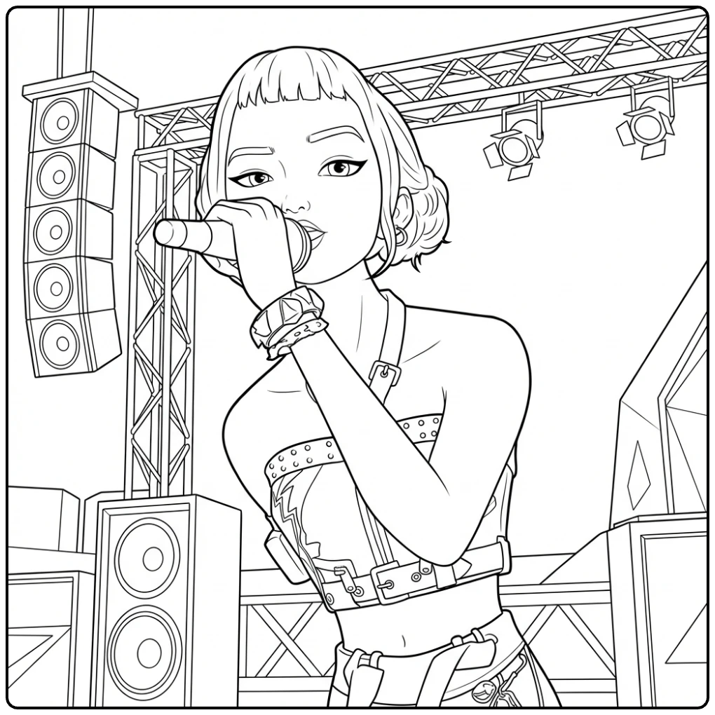 Kpop demon hunters kleurplaat zoey zingend op het podium.