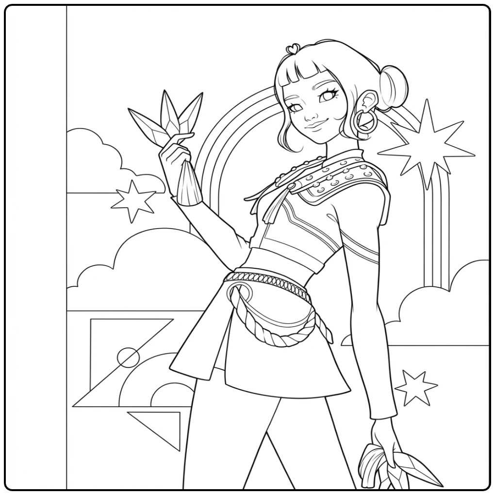 Kpop demon hunters kleurplaat zoey in stoere outfit met sterren.