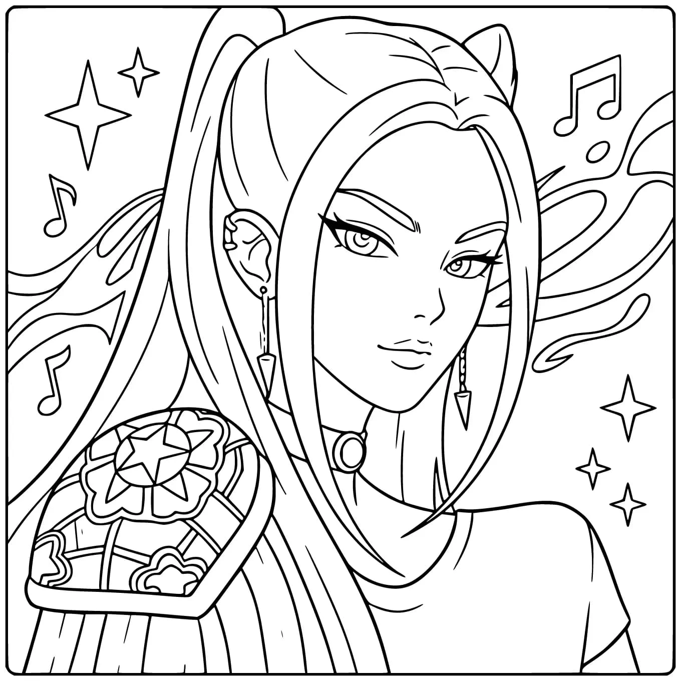 Kleurplaat Kpop Demon Hunters Mira met pantser en sterren.