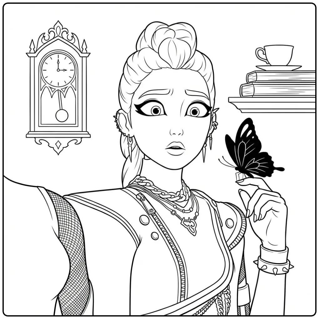 Kleurplaat kpop demon hunters rumi met verraste vrouw en vlinder.