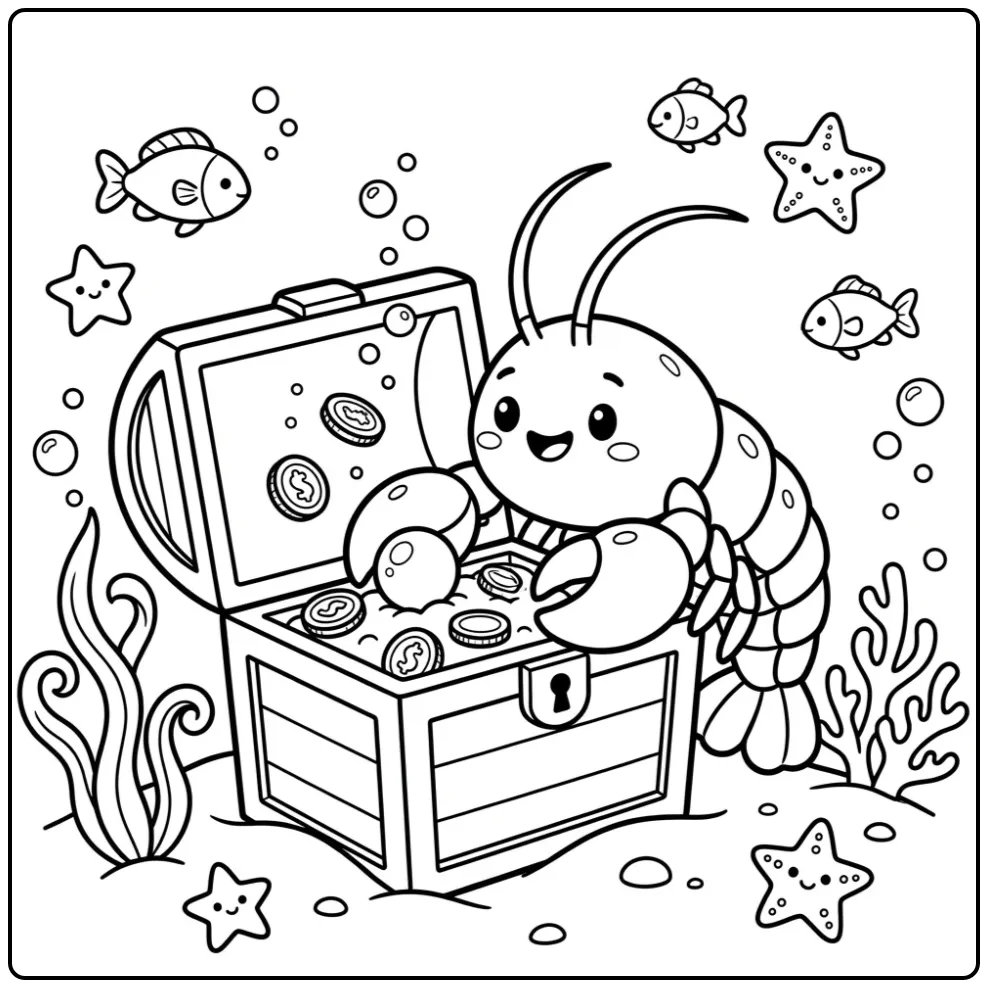 Een schattige kreeft kleurplaat met een schatkist onder water.