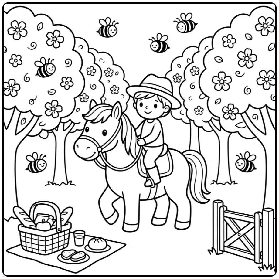 Vrolijke kleurplaat paard met ruiter tussen bloesems