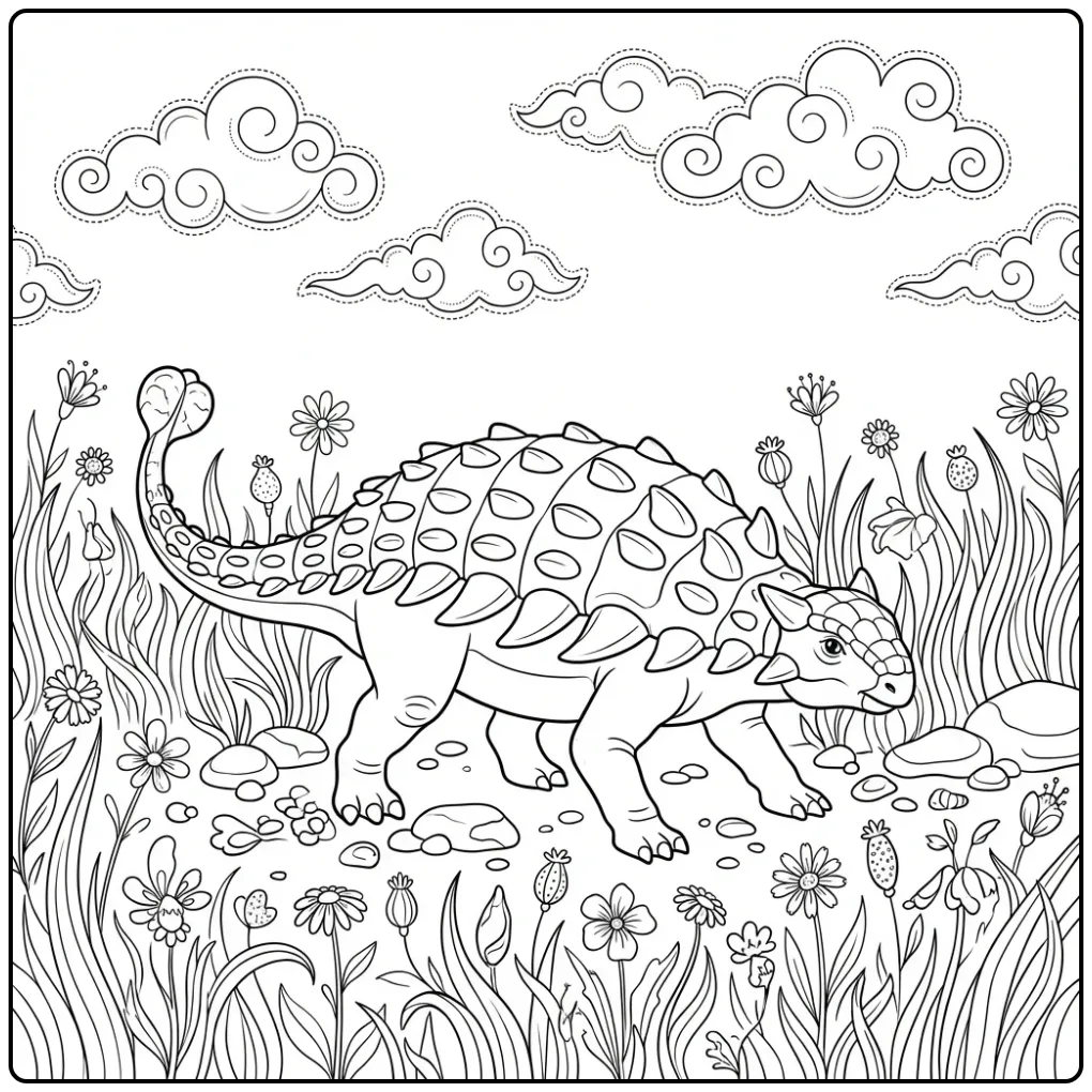 Ankylosaurus kleurplaat met bloemen en gras om in te kleuren.