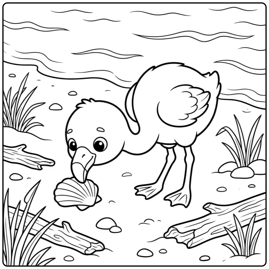 Schattige baby flamingo kleurplaat op het strand met schelp.