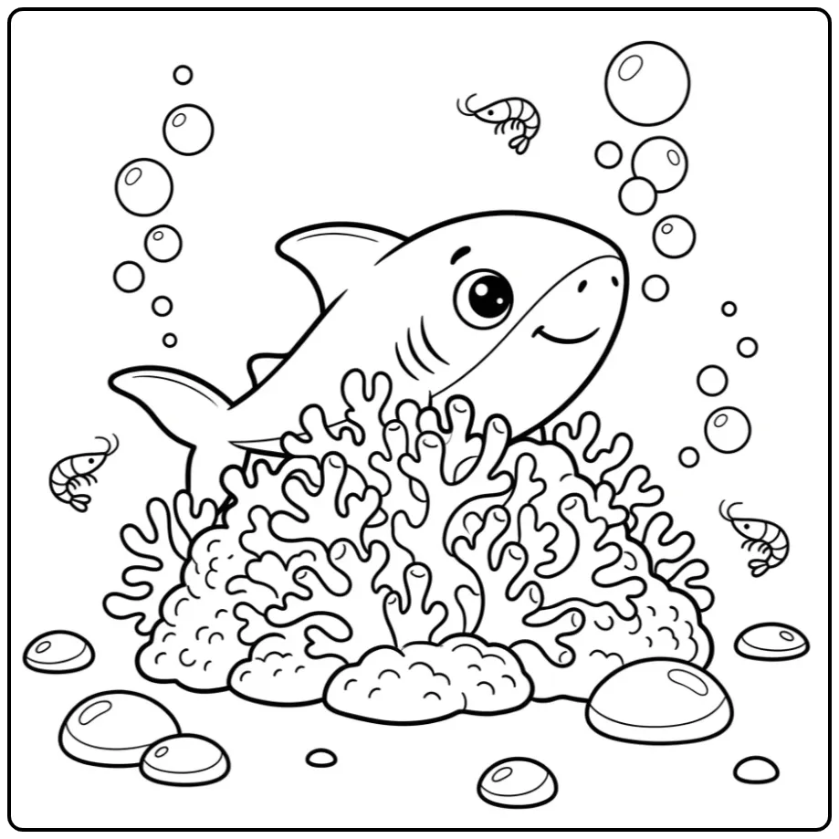 Speelse baby haai kleurplaat verstopt achter koraalrif.
