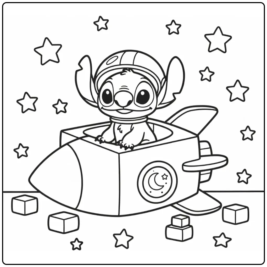 Schattige baby stitch kleurplaat in een kartonnen raket.