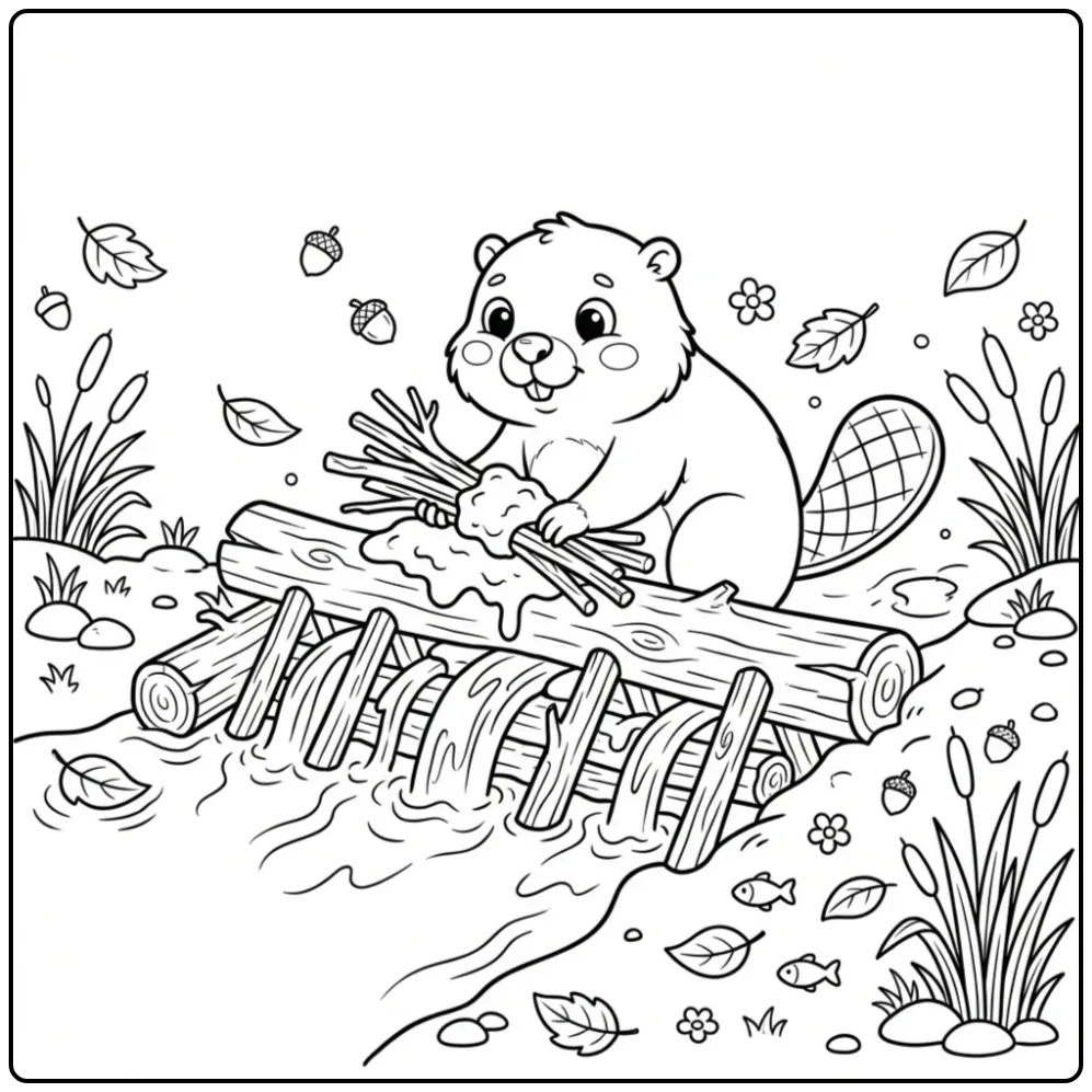 Schattige bever kleurplaat bouwt een dam met takken en modder.