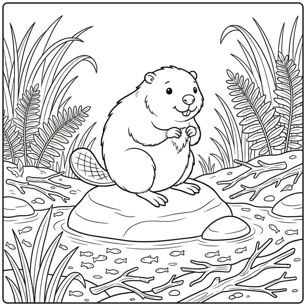 Vrolijke bever kleurplaat op een rots in de rivier.