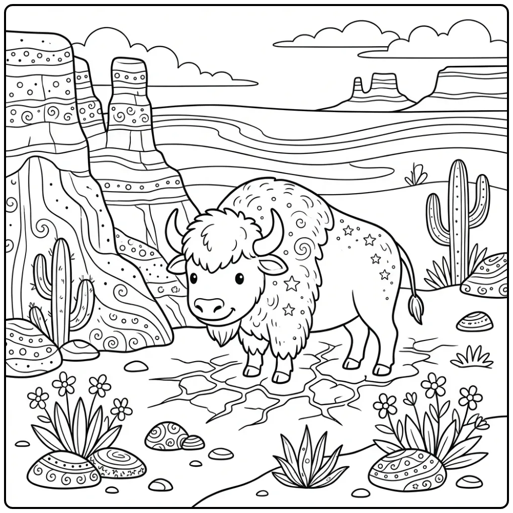 Schattige bizon kleurplaat met een canyon op de achtergrond.