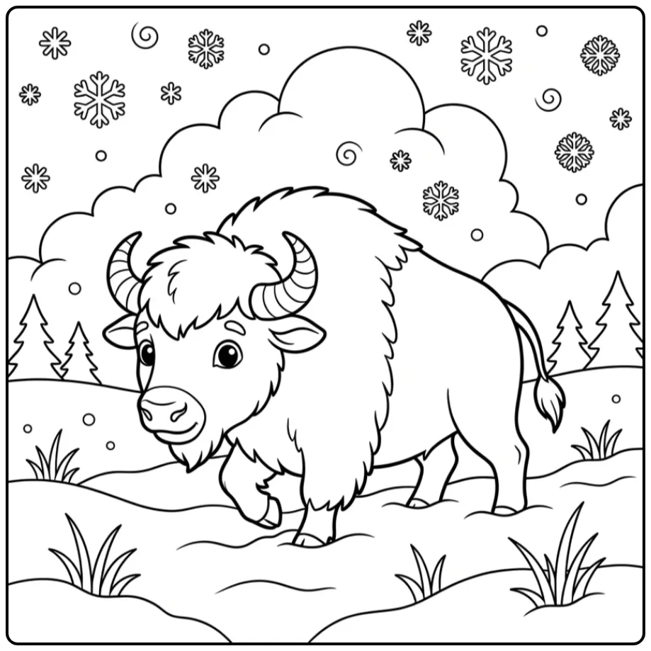 Winterse bizon kleurplaat met sneeuwvlokken en bomen.