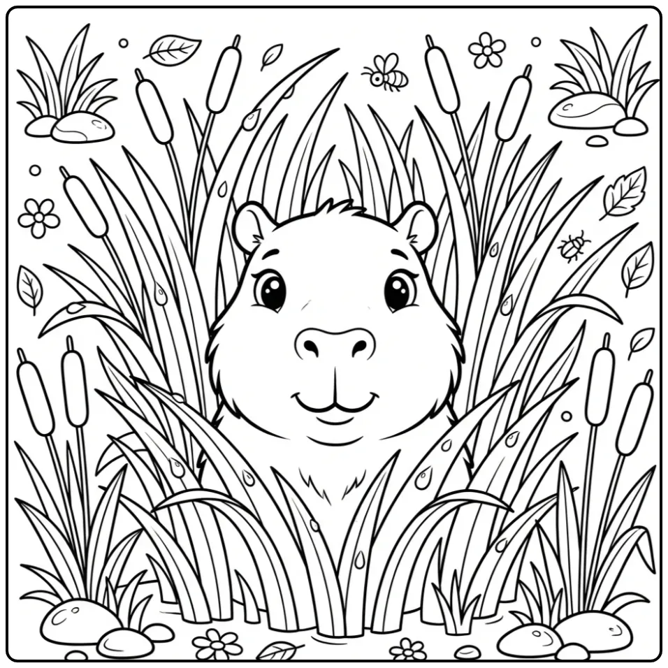 Schattige capybara kleurplaat met riet en waterplanten.