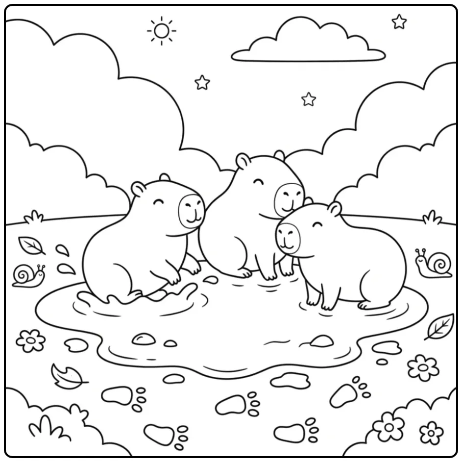 Schattige capybara kleurplaat met drie dieren bij een plas.