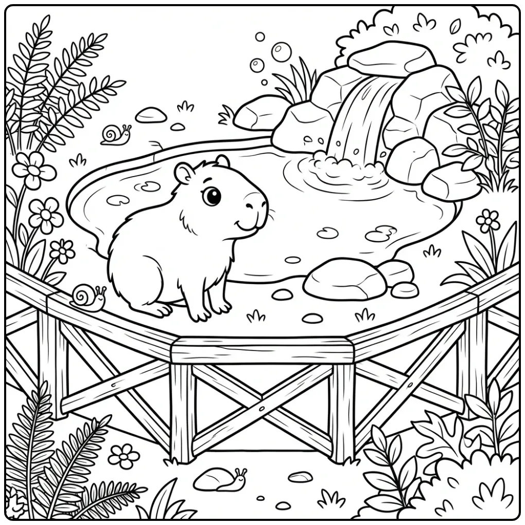 Een schattige capybara kleurplaat bij een vijver en waterval.