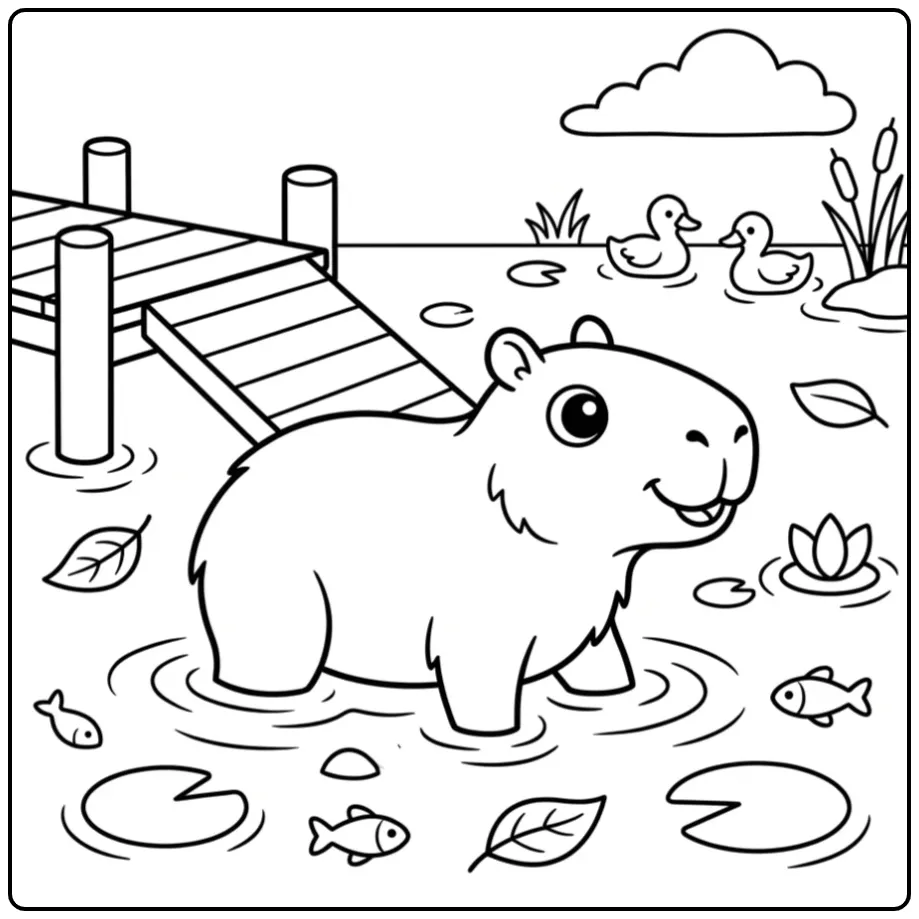 Capybara kleurplaat wadend in water bij een houten steiger.