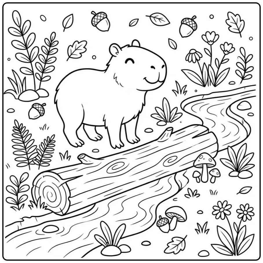 Schattige capybara kleurplaat bij een houten bruggetje.
