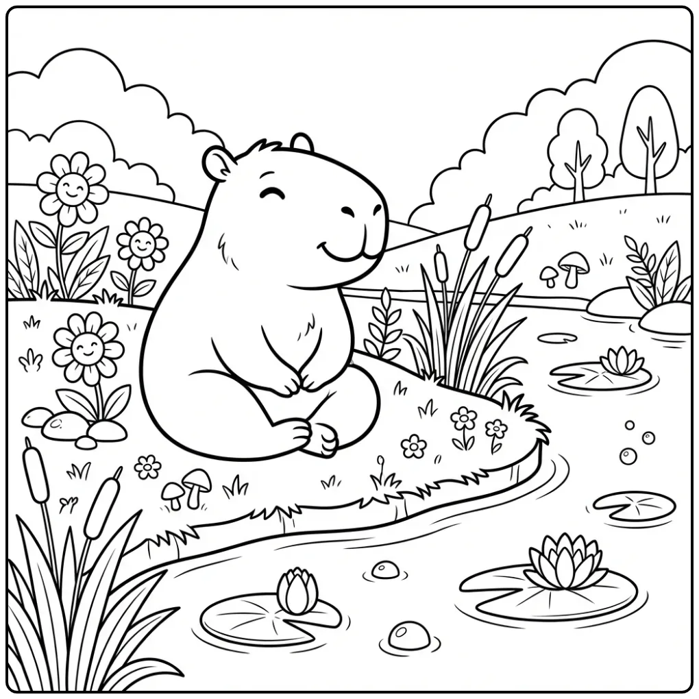 Een ontspannen capybara kleurplaat met waterlelies en riet.