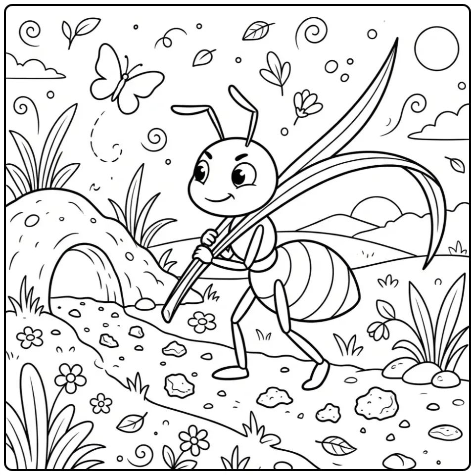 Een vrolijke kleurplaat mier sleept gras naar de mierenhoop.