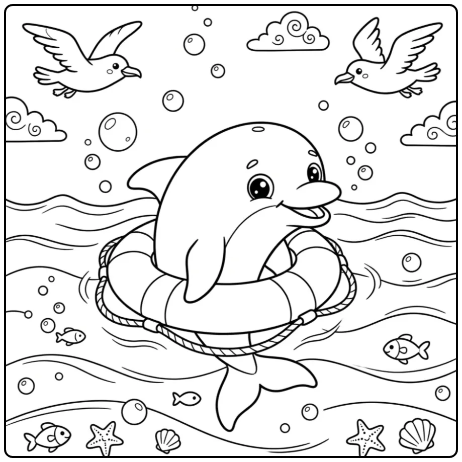 Schattige dolfijn kleurplaat makkelijk met een reddingsboei.