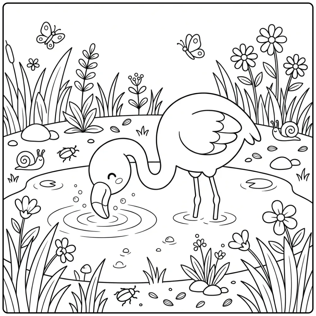 Drinkende flamingo kleurplaat bij de vijver met riet.