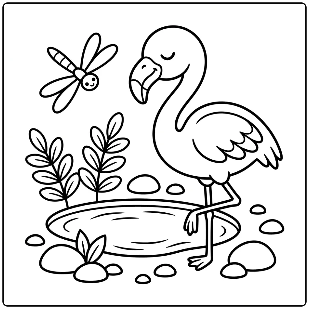 Een flamingo kleurplaat makkelijk met een vijver en libelle.