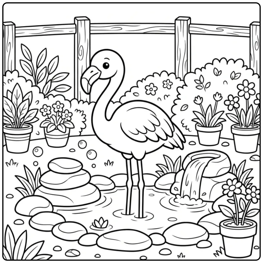 Schattige flamingo kleurplaat bij een vijver in de dierentuin.