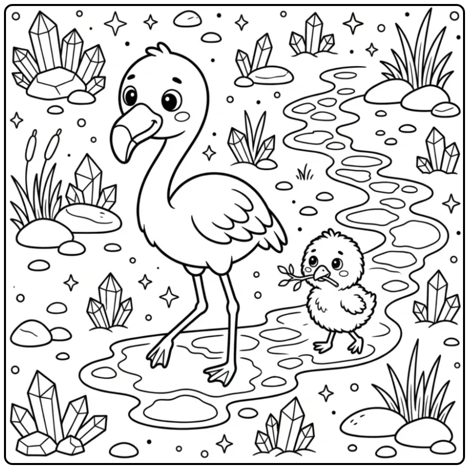 Flamingo kleurplaat van een ouder die met een kuiken loopt.