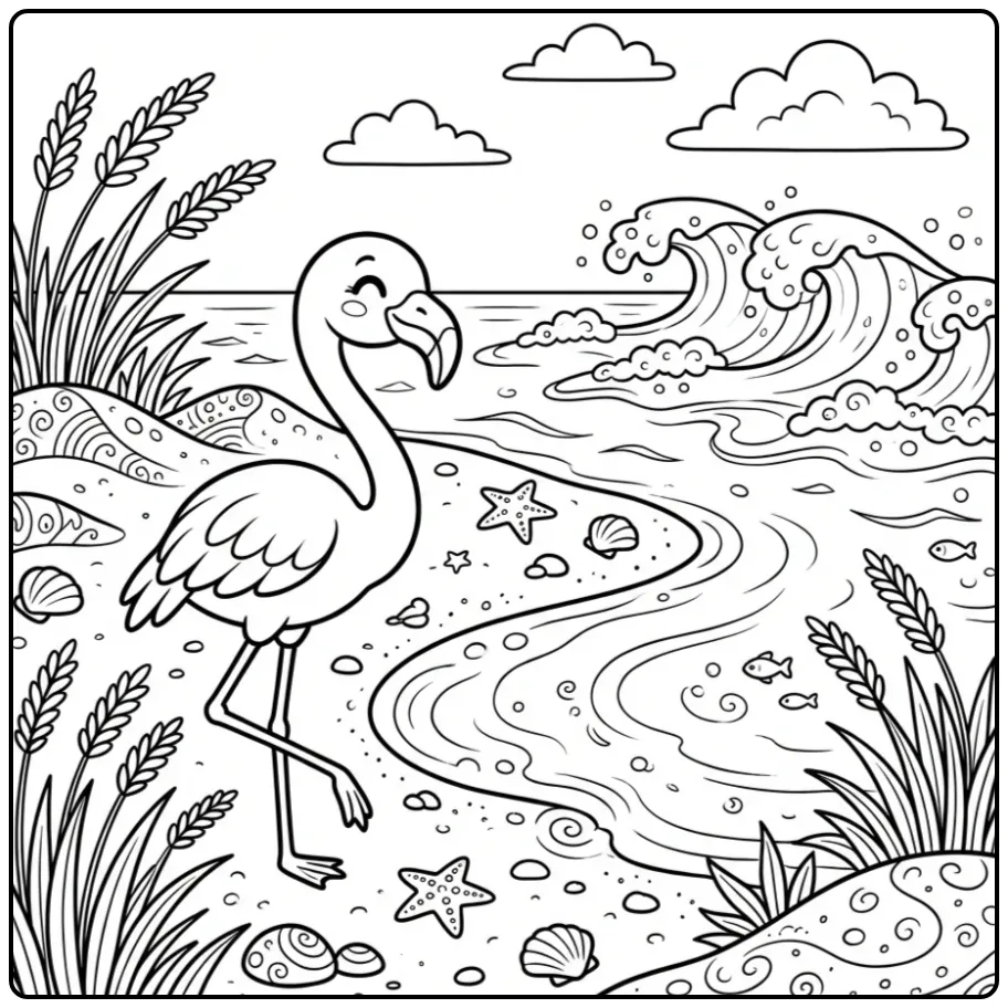 Een schattige flamingo kleurplaat op het strand met duinen.