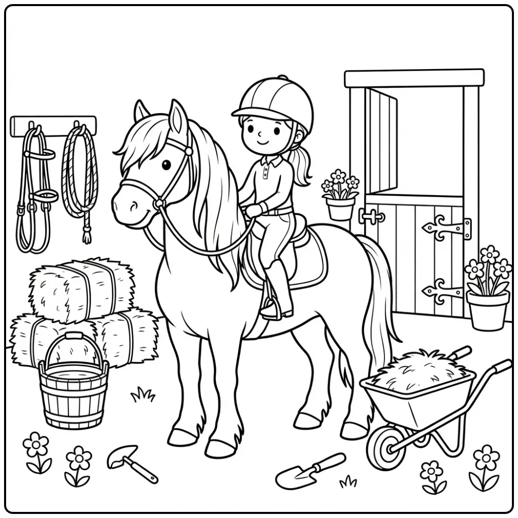 Schattige fries paard kleurplaat paard met ruiter bij de stal.