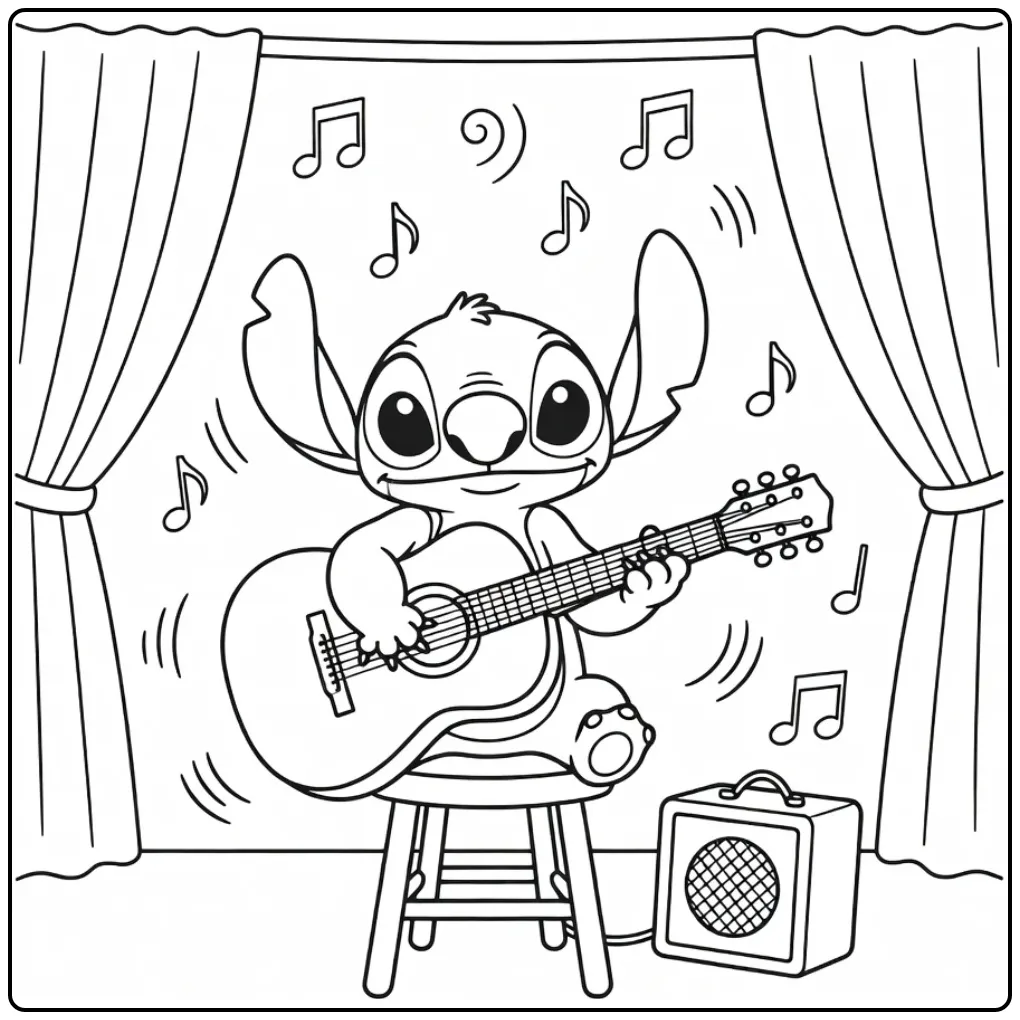 Gitaar kleurplaat Stitch gitaar met versterker en noten.