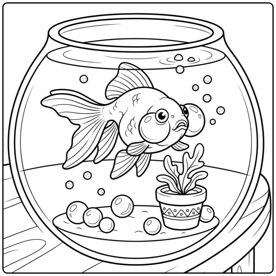 Schattige goudvis kleurplaat met bolle ogen en drijvend voer.