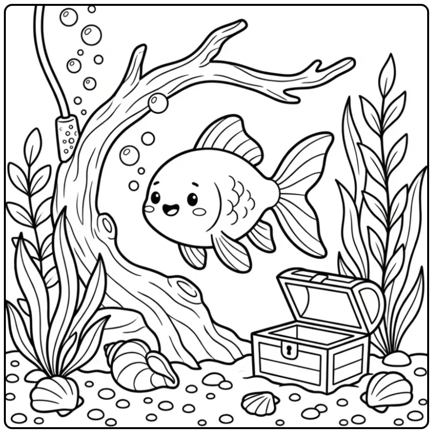 Vrolijke goudvis kleurplaat in een mooi aquarium