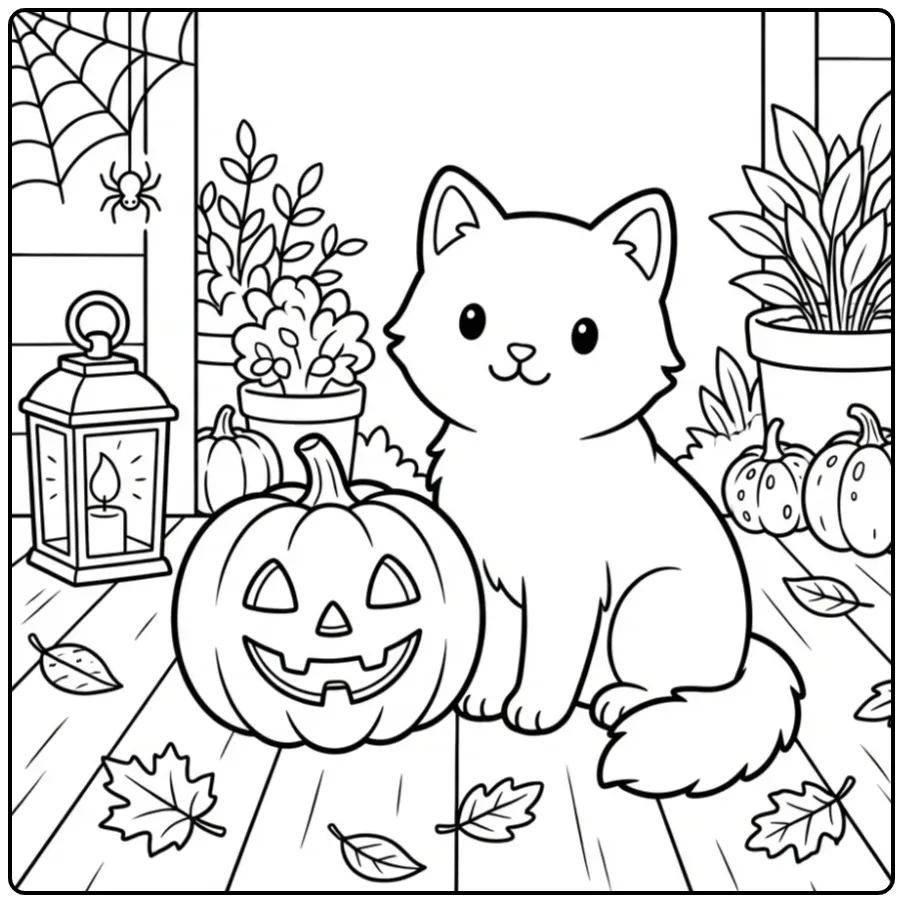 Schattige halloween kleurplaat poes met pompoen en blaadjes.