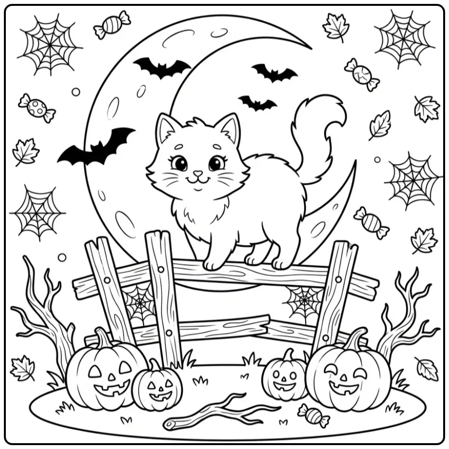 Schattige halloween kleurplaat poes zittend op een houten hek.