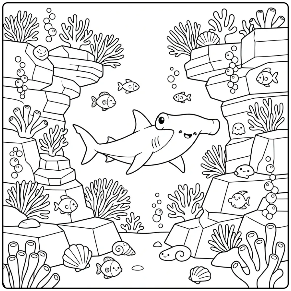 Schattige hamerhaai kleurplaat tussen koraal en bubbels.