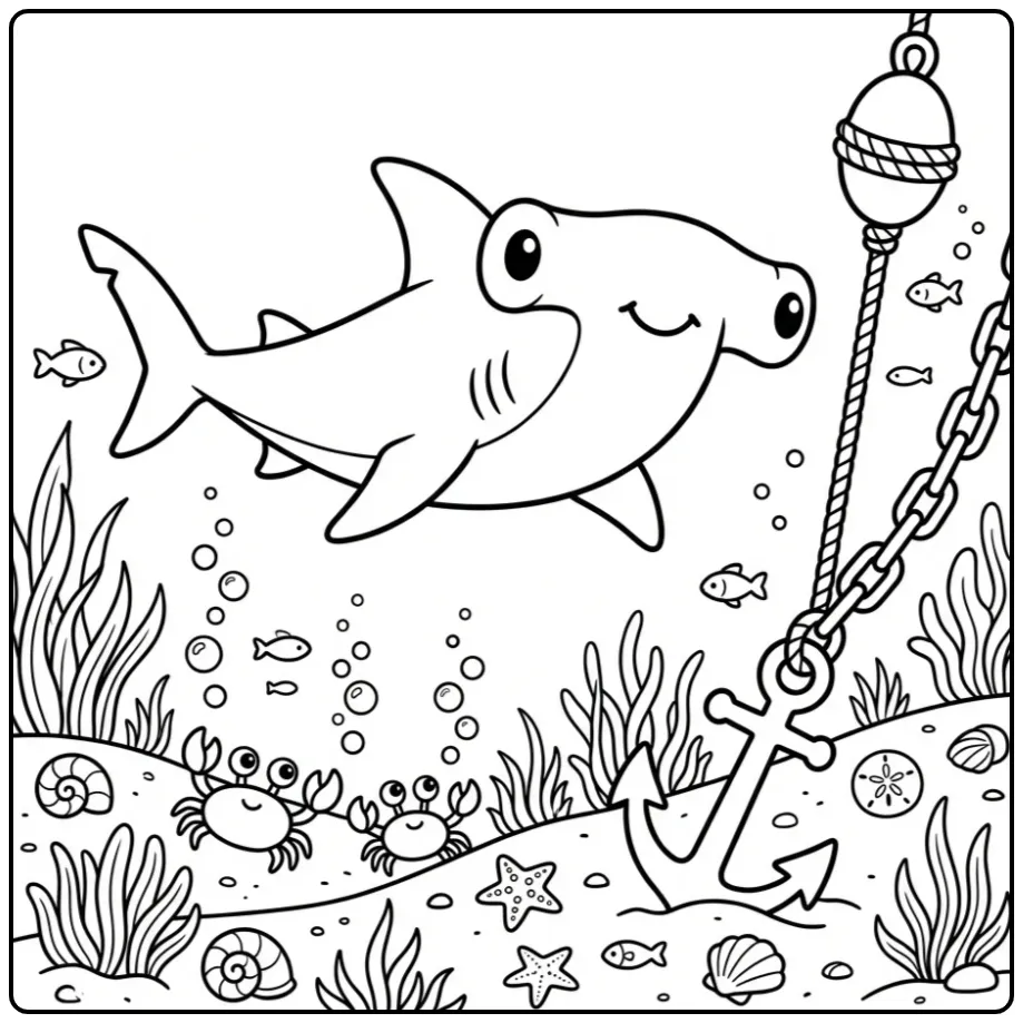 Hamerhaai kleurplaat zwemmend bij boei.