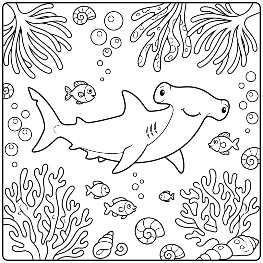 Vrolijke hamerhaai kleurplaat in een mooie koraaltuin.