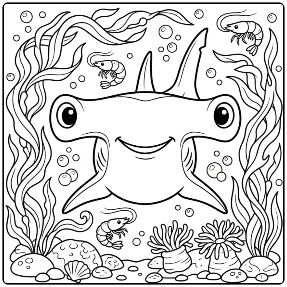 Schattige hamerhaai kleurplaat met bubbels en garnalen.