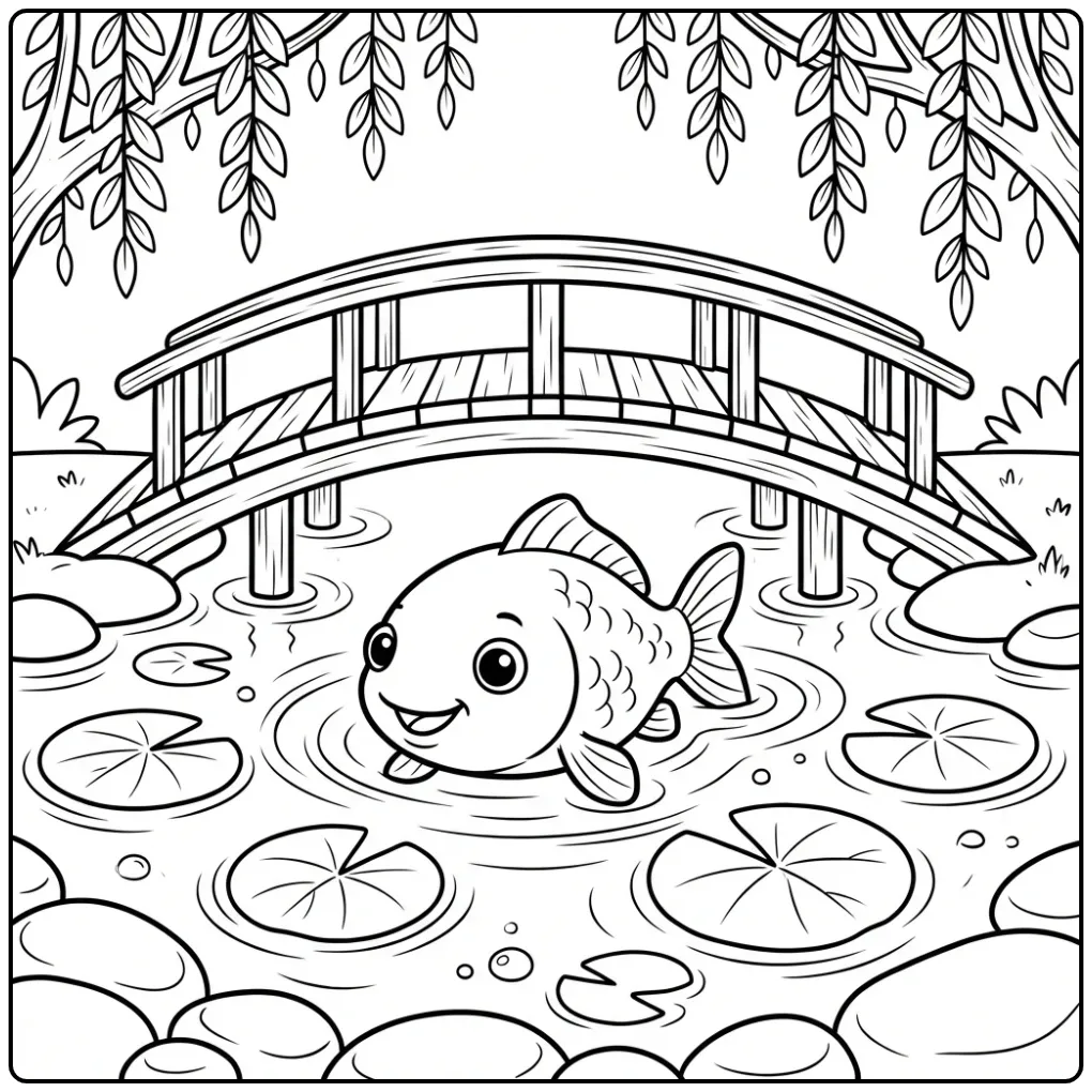 Een vrolijke karper kleurplaat onder een houten brug.