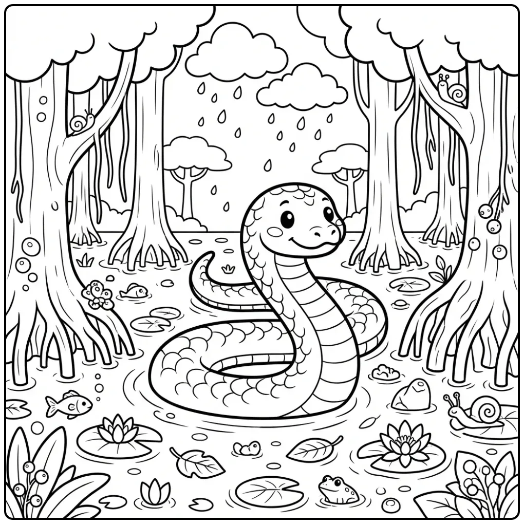 Schattige kleurplaat anaconda zwemmend tussen de bomen.