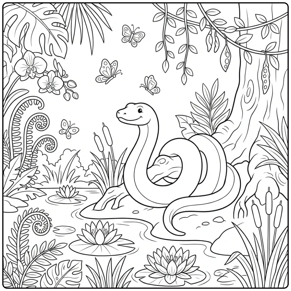 Schattige kleurplaat anaconda om een boomwortel in de jungle.