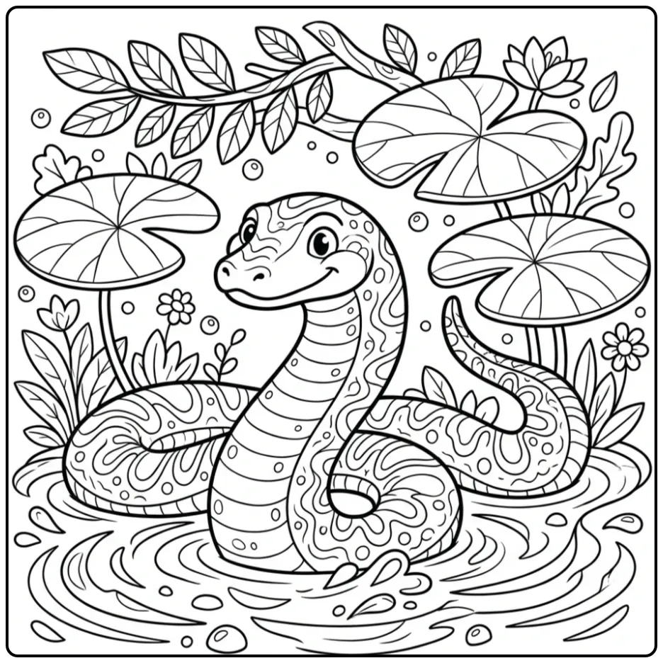 Schattige kleurplaat anaconda in het water met leliebladen.