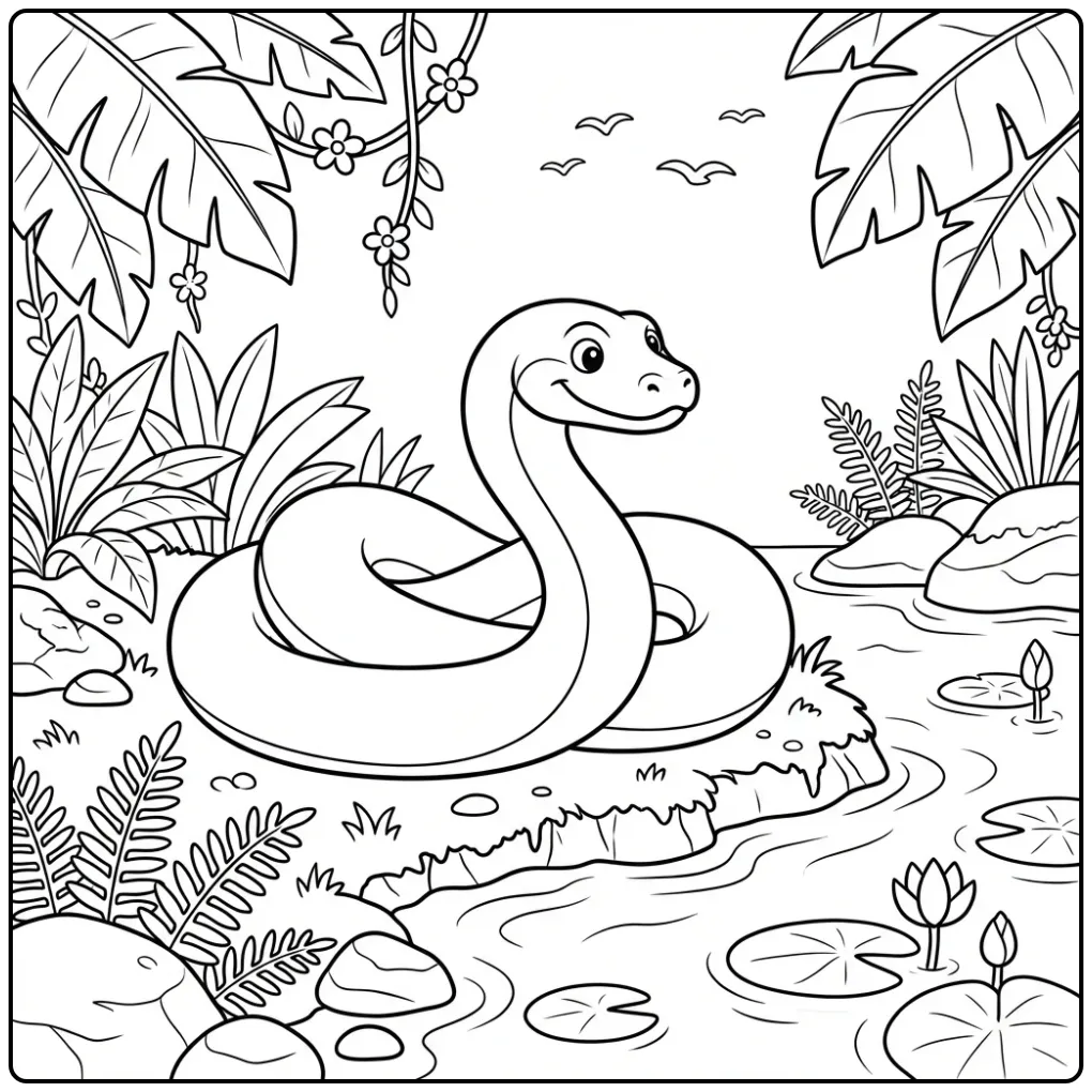 Schattige kleurplaat anaconda opgerold aan de rivieroever.