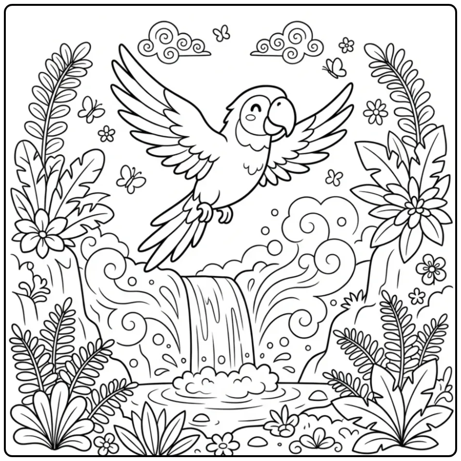 Een vrolijke kleurplaat ara vliegend boven een waterval.