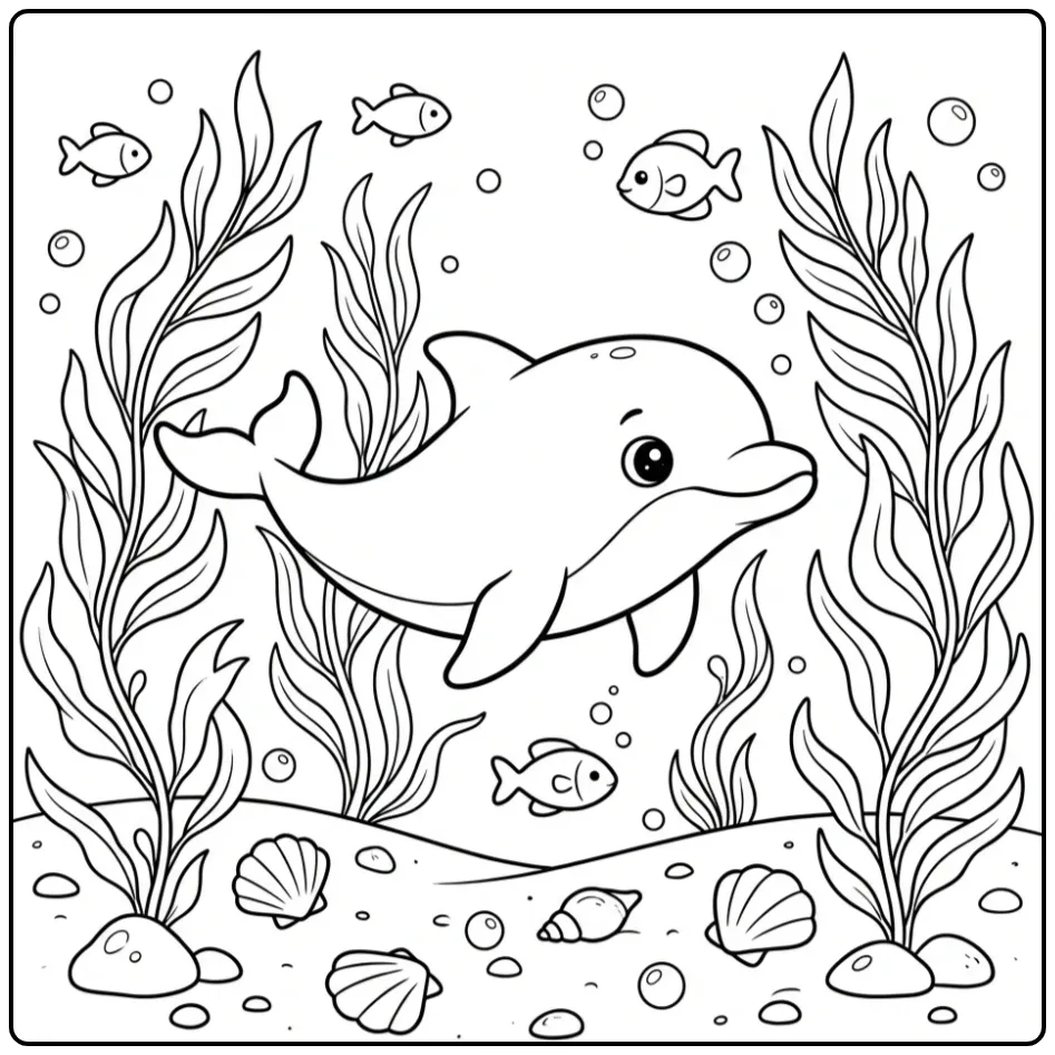 Schattige kleurplaat baby dolfijn zwemmend tussen zeewier.