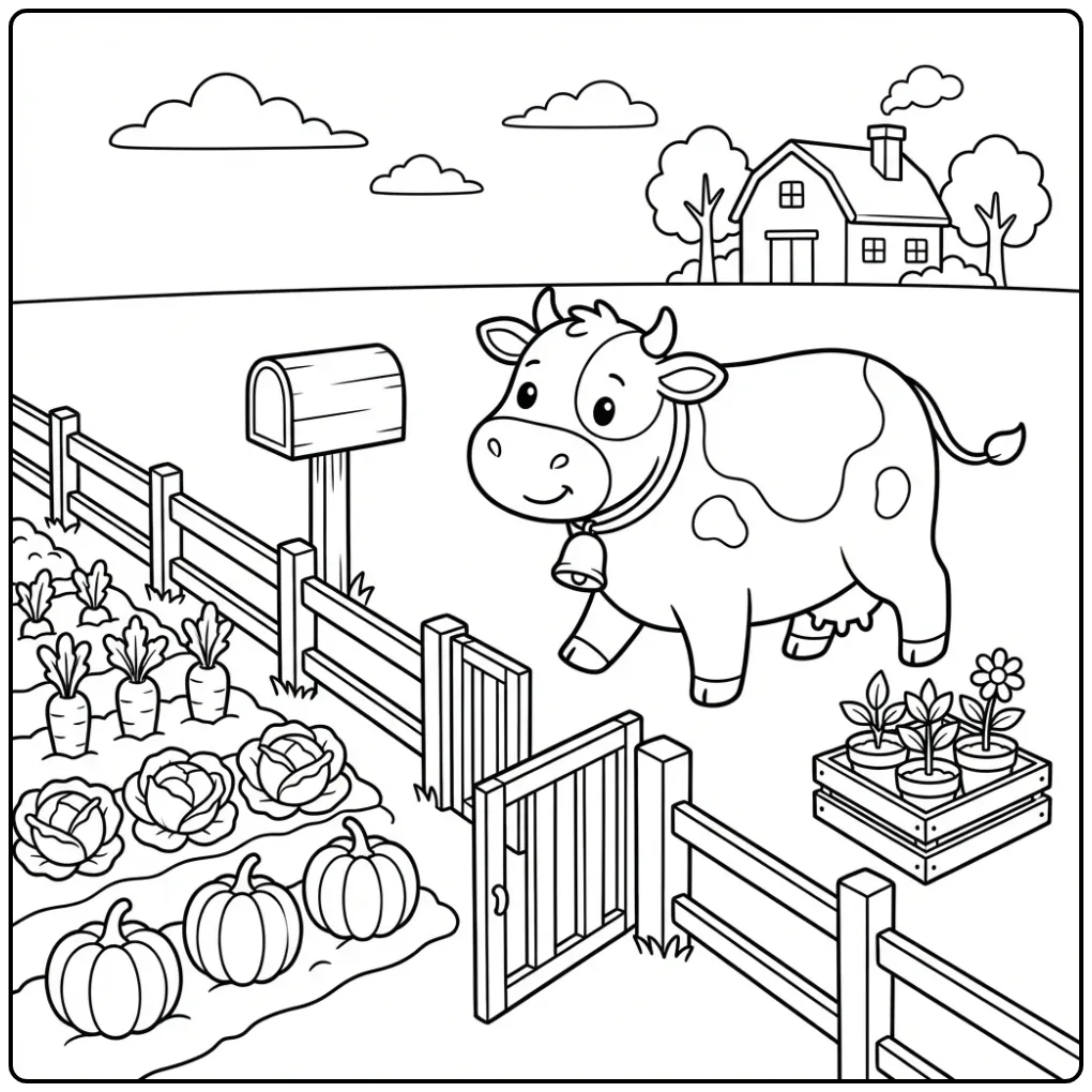 Een vrolijke kleurplaat boerderij koeien langs de moestuin.