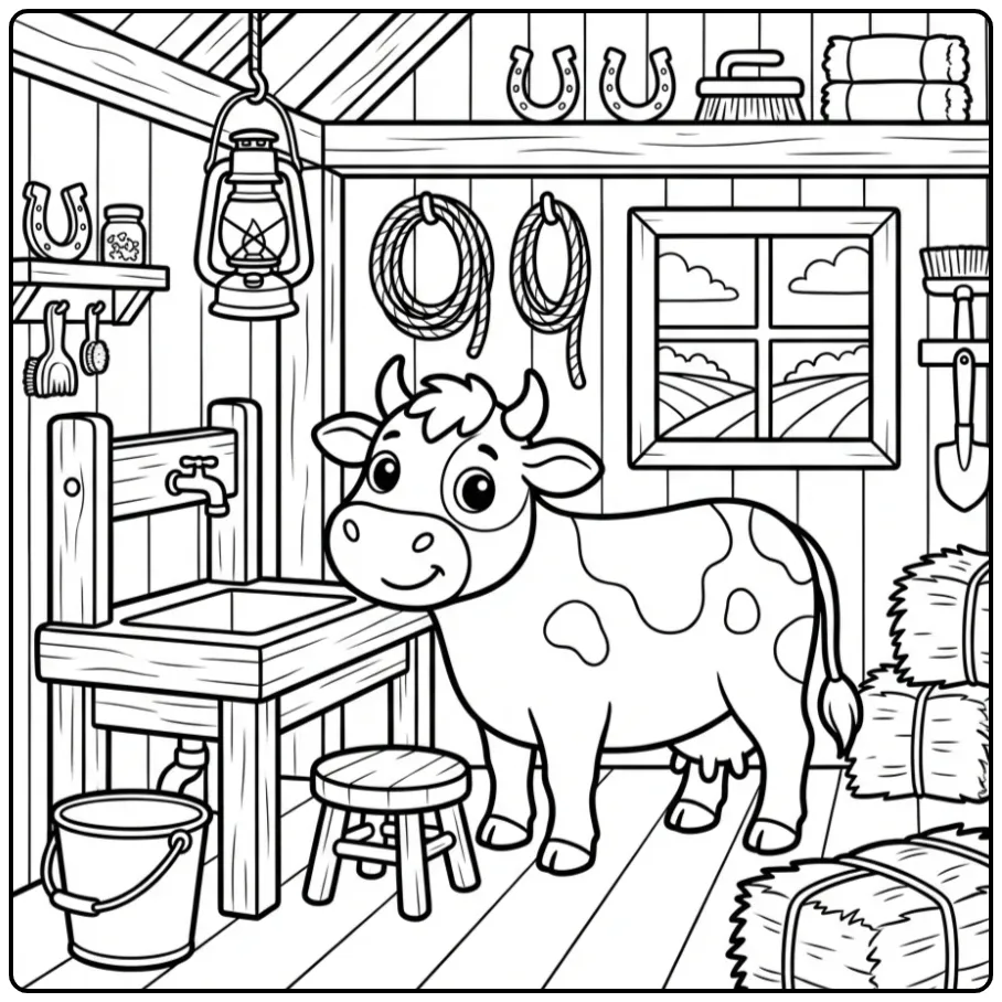 Schattige kleurplaat boerderij koeien bij een melkstation.