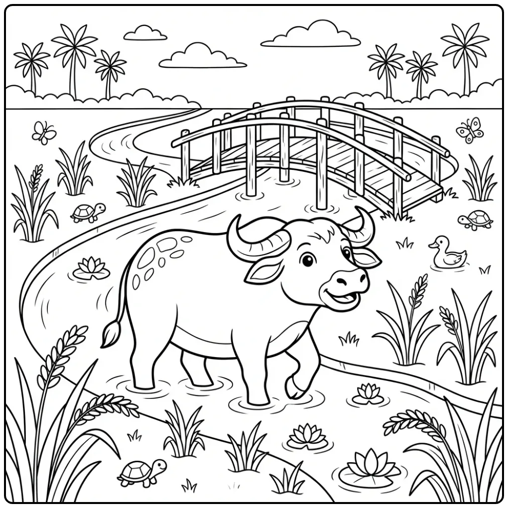 Een schattige kleurplaat buffel bij een bruggetje.